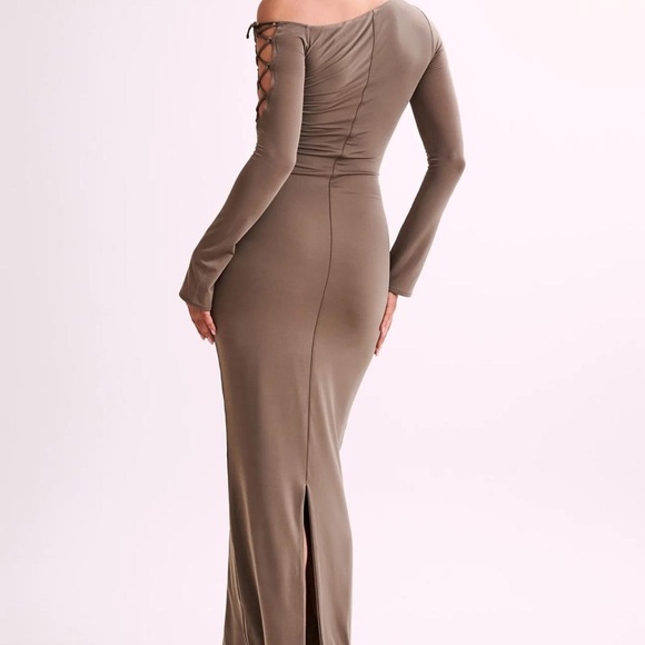 Meshki Gabby dress Elegant Brown One-Shoulder Dress mushroom color M #10 - Picture 6 of 14